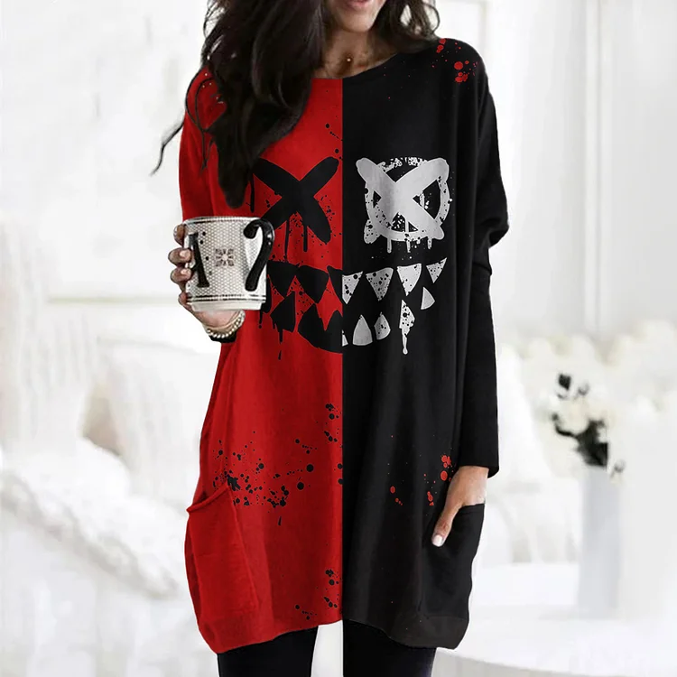 Contrast Print Crew Neck Casual Tunic