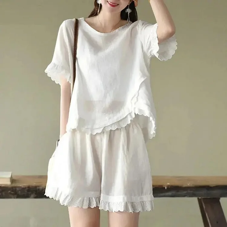 Linen Blend Irregular Ruffle Shorts Two Piece Set