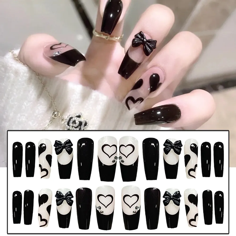 24pcs Pink Rose Design False Nail Patch Coffin Fake Nails Removable Long Paragraph Fashion Manicure Nail Art Press On Nail Tips-Nail Inspo