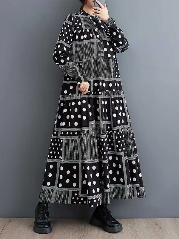 Long Sleeves Loose Buttoned Polka-Dot Printed Split-Joint Midi Dresses