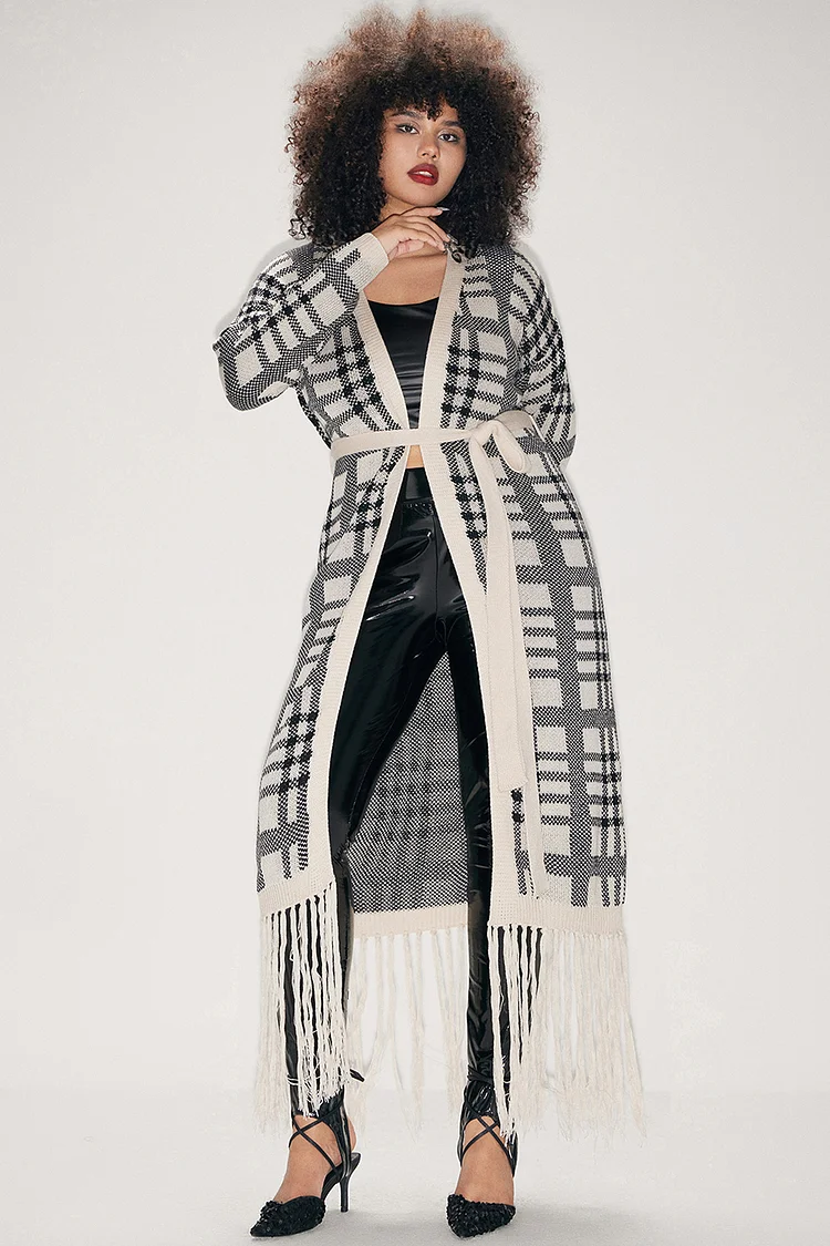 Plus Size Daily Cardigan Black Knitted Checkered Fringed Long Cardigan Sweater With Belt [Pre-Order]