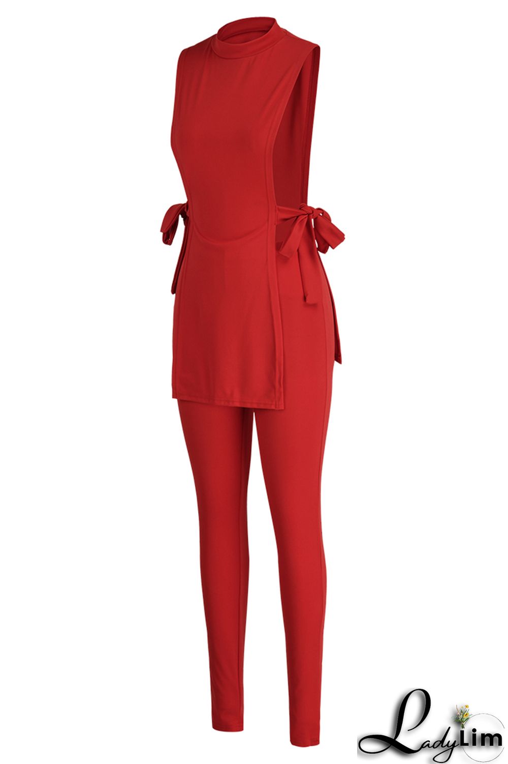 Red Fashion Casual Solid Bandage Slit Half A Turtleneck Sleeveless Two Pieces