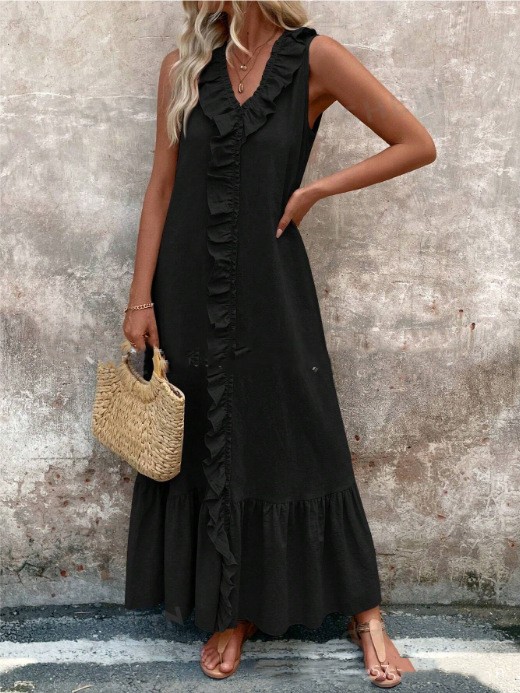 Mature Women Casual Summer Solid Color Sleeveless Cotton Linen V-neck Swing Dress