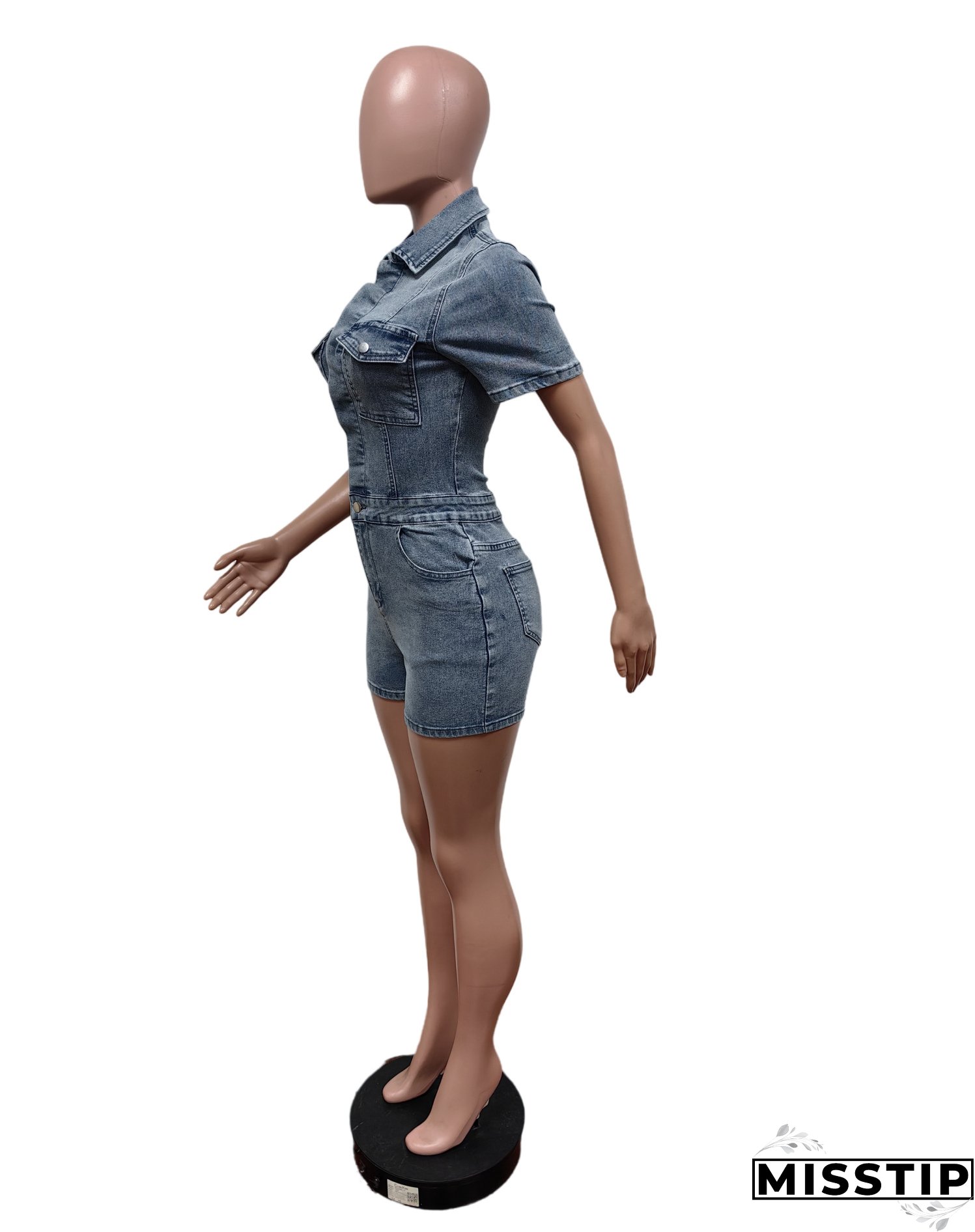 Women Stretch Denim Short Sleeve Jumpsuit