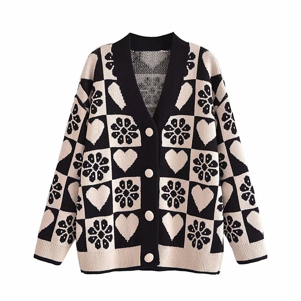 2021 Women Fashion Jacquard Knitted Cardigan Long Sleeve V-Neck Vintage Heart Pattern Woman Knit Sweater Chic Tops