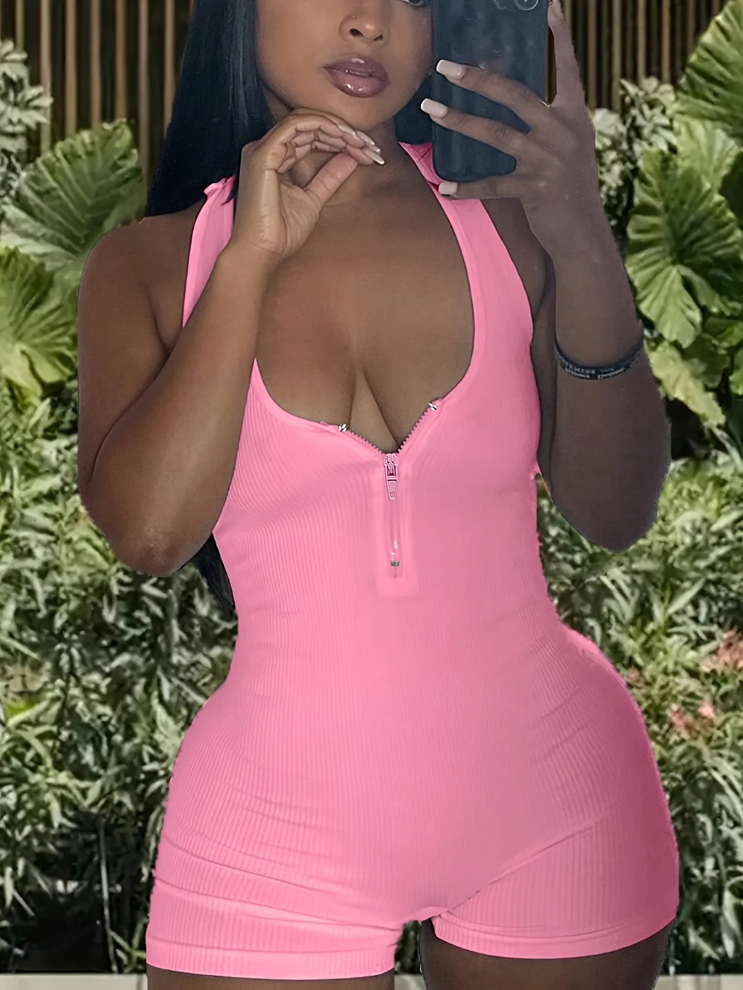 Uveng Uveng Summer Women's Explosive Solid Color Zipper High-Waisted Jumpsuit