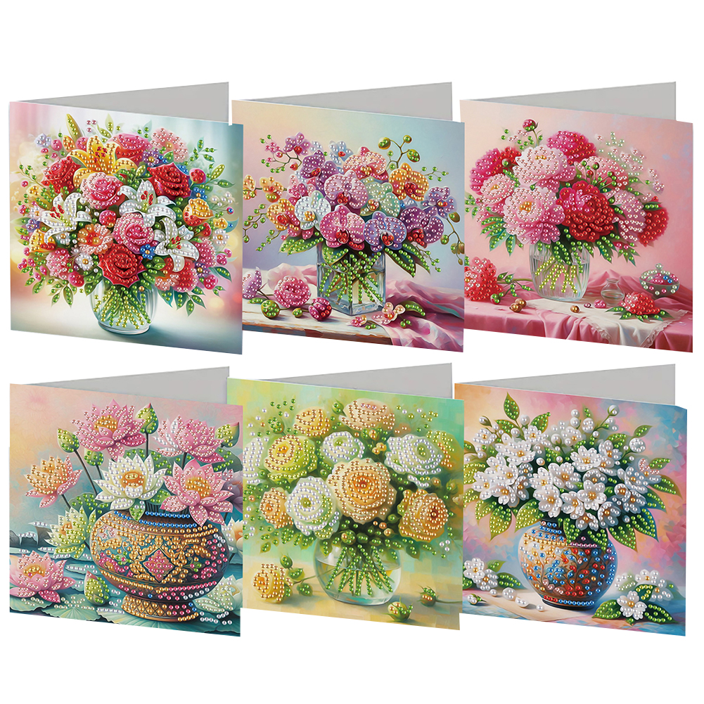 6pcs Diamond Art Cards DIY Handmade Diamond Painting Gift Card (Bouquet Vase)