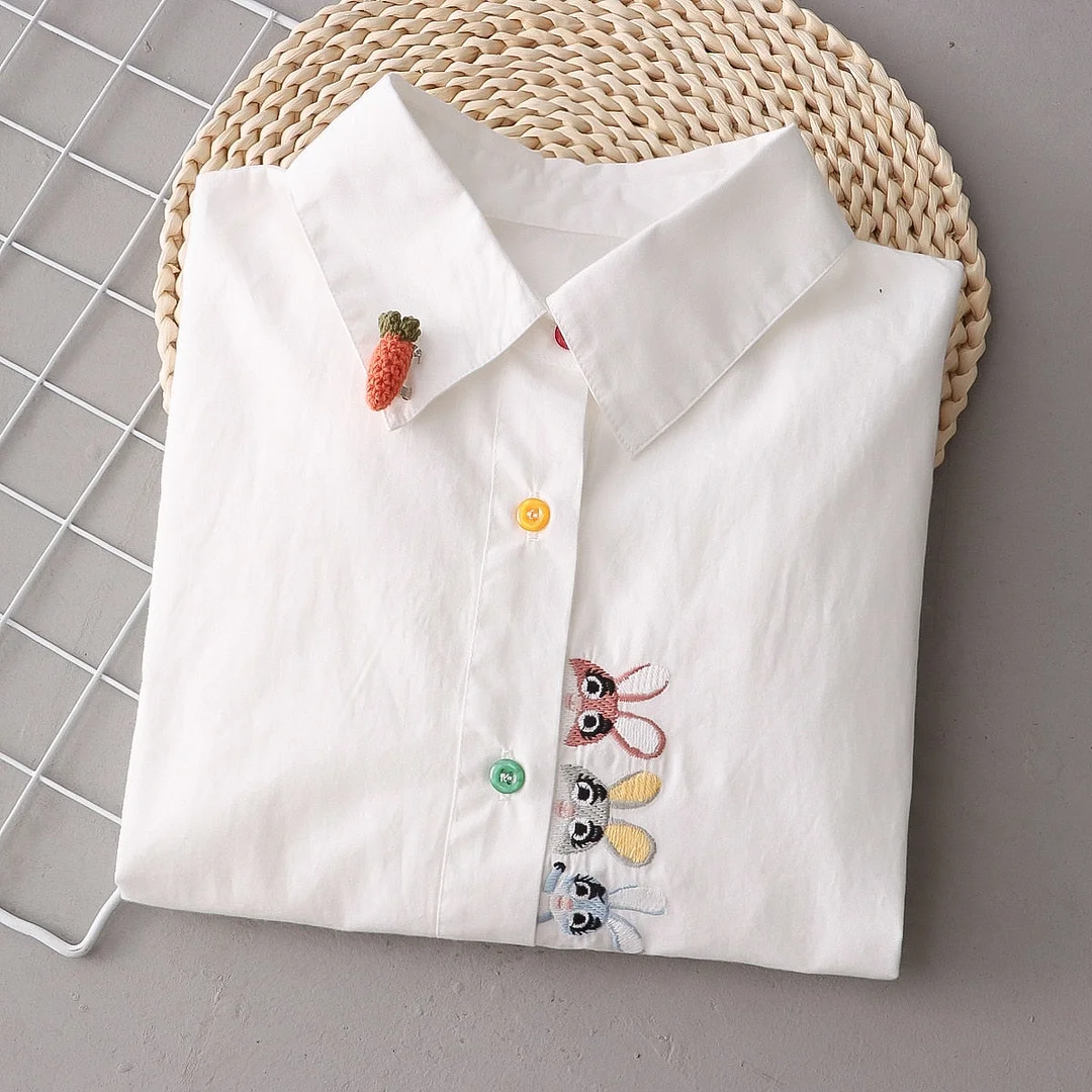 Tlbang Spring Cotton White Shirts Female Cute Embroidery Rabbit Tops Turn Down Collar Button Long Sleeve Straight Blouse T35438M