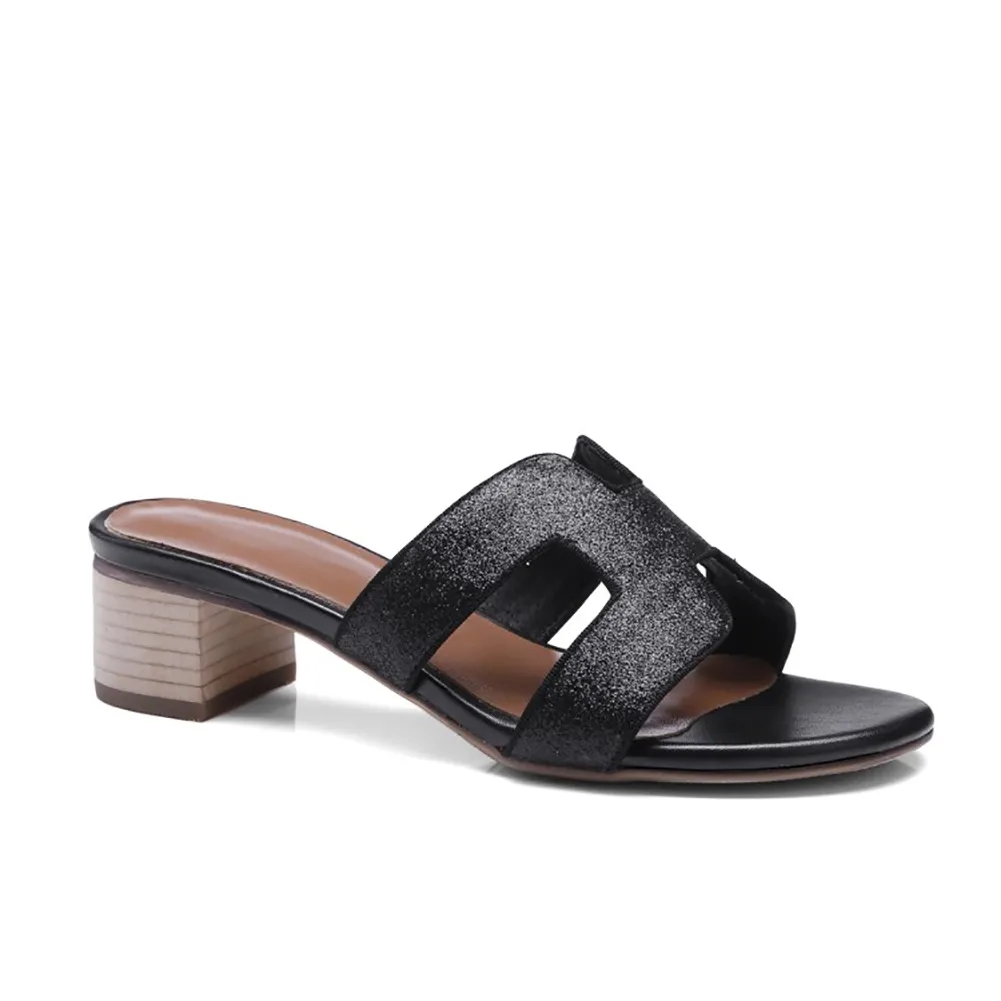H-Shape Women's Flats Black Glitter-vocosishoes