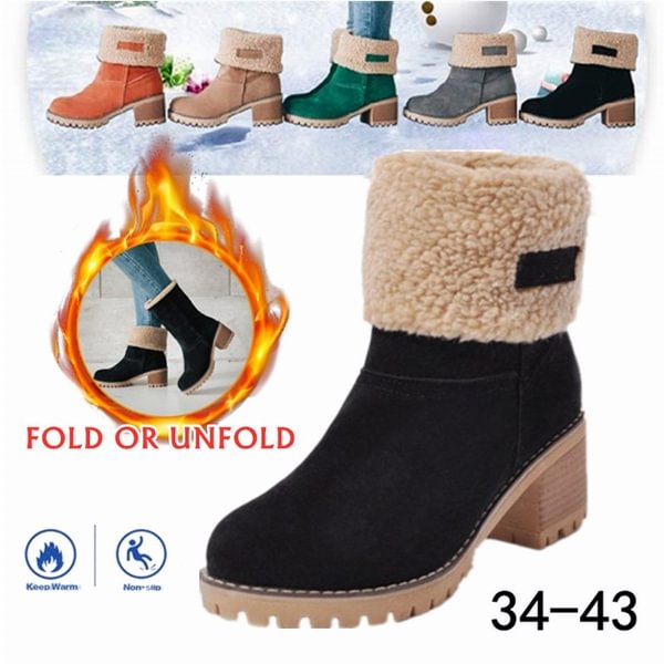 2 Ways To Wear! Women Fashion Winter Snow Boots Suede Chunky Heel Thicken Warm Boots Women Outdoor Waterproof Anti Slip Ankle Booties Plus Size 34-43