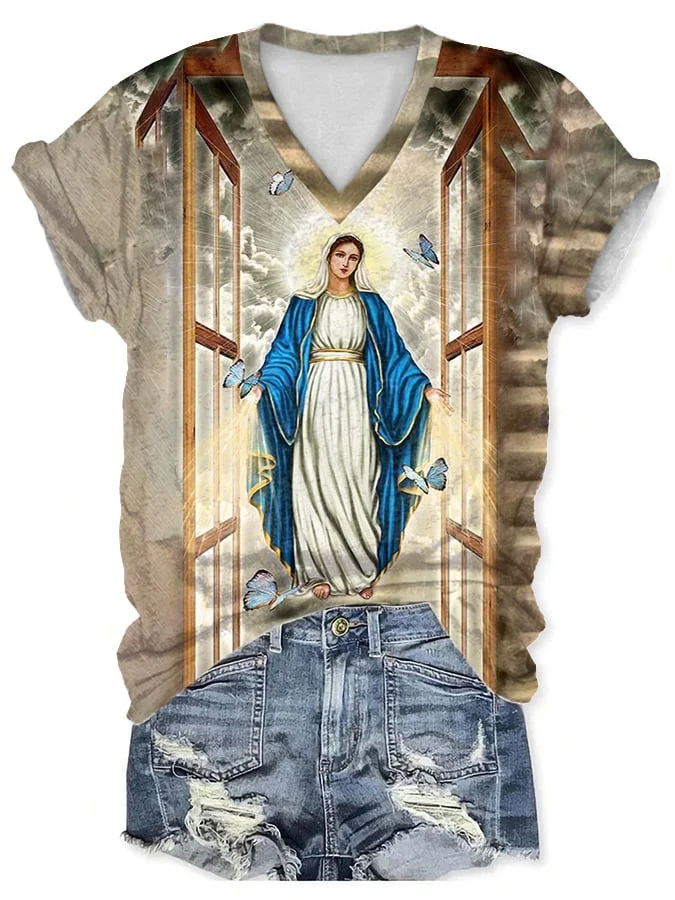 V-neck Mother Mary Blessed Print T-Shirt socialshop