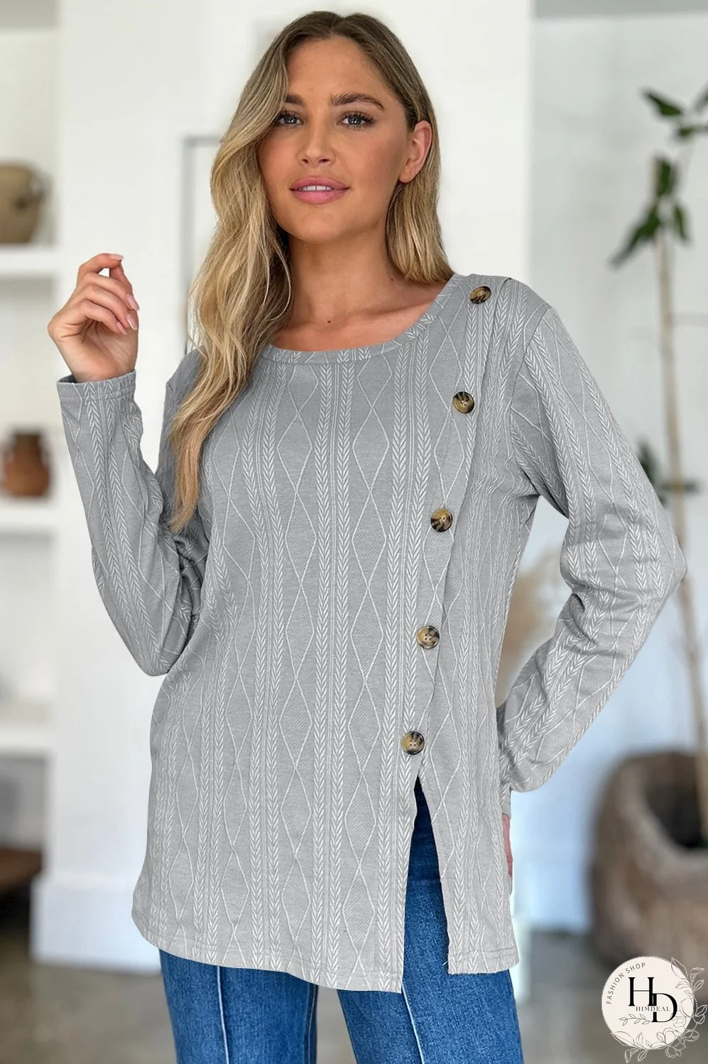 FAM-FAM Slit Round Neck Long Sleeve T-Shirt