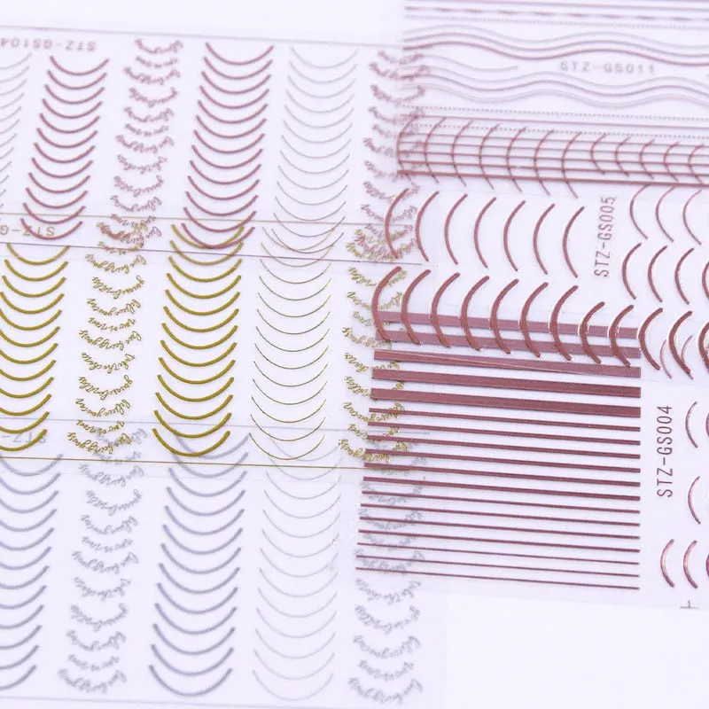 3D Lines Nail Stickers DIY Rose Gold Metal Stripe Lines Letters Decals Curve Nail Art Sliders Self Adhesive Decorations Manicure-Nail Inspo