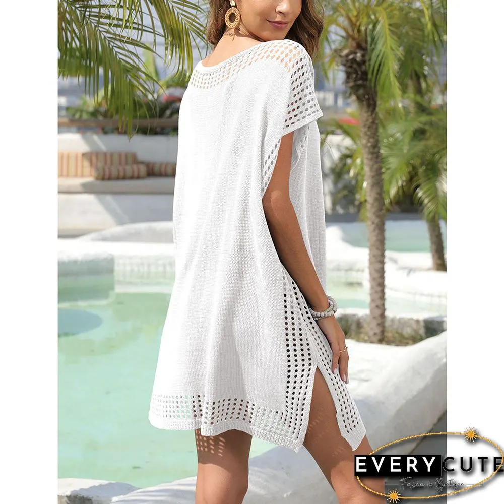 White Hollow-out Spliced V Neck Beach Dress with Slit
