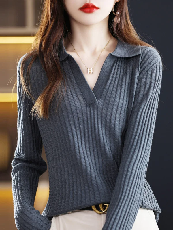 Casual Roomy Long Sleeves Pure Color Lapel Collar Pullovers