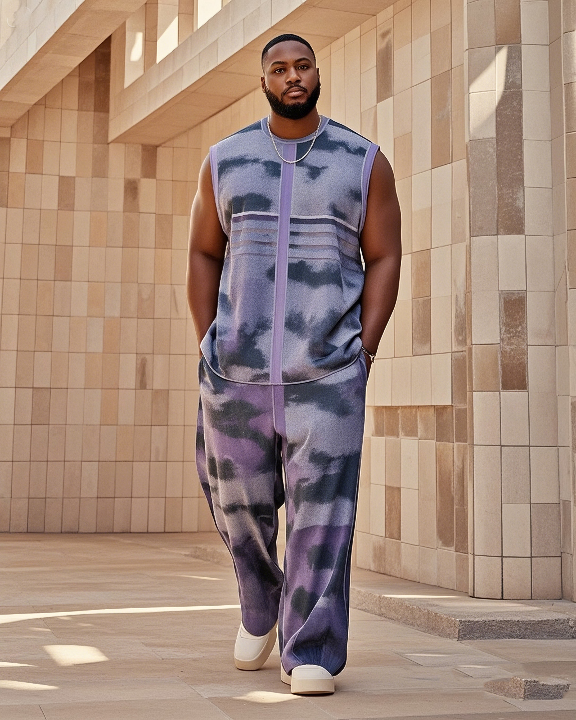 Men's Plus Size Tie-dye And 3d Printing Striped Printed Vest Pants Suit