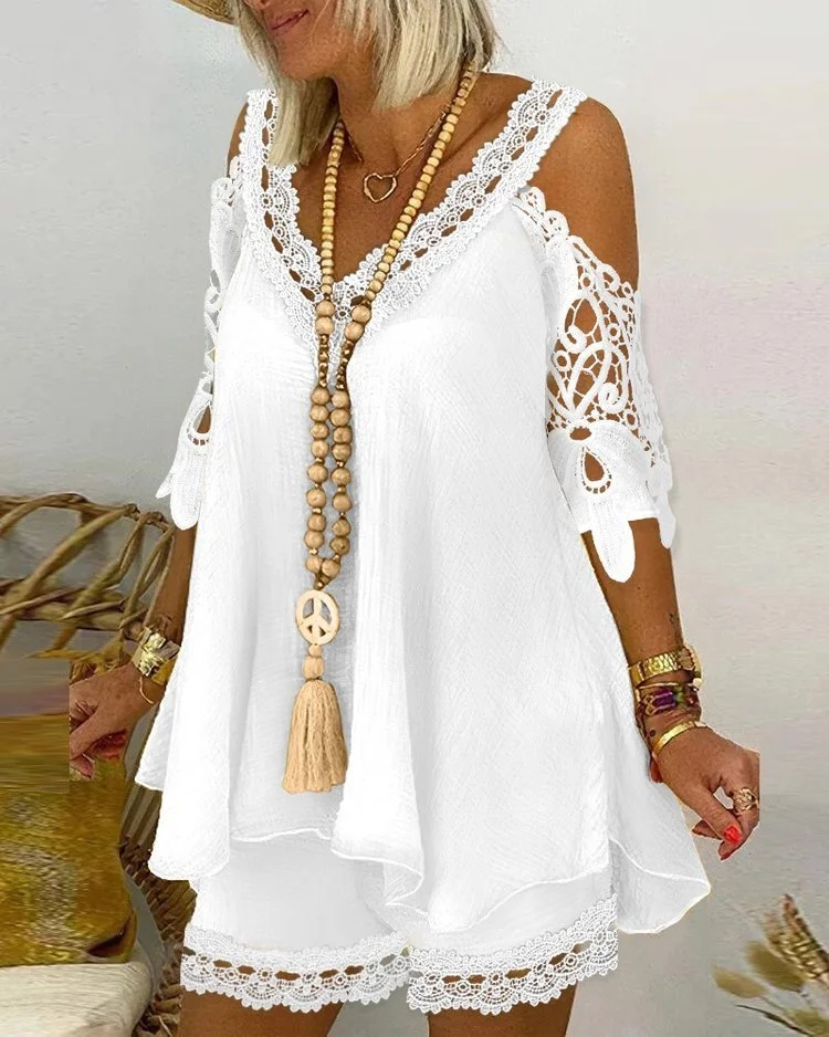 Women's Lace Off Shoulder Casual Top Shorts Set