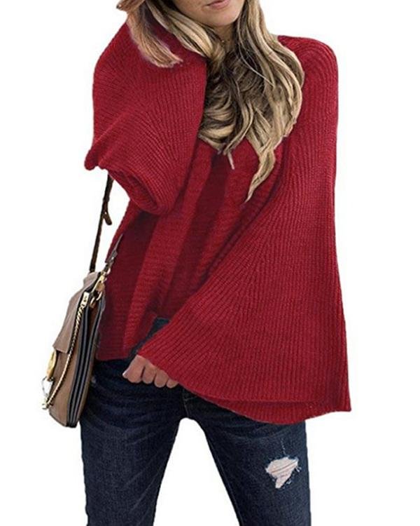 Solid Flare Sleeve Pullover Sweaters - Chicaggo