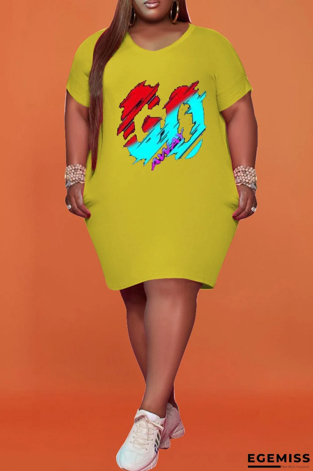 Yellow Fashion Casual Letter Print Basic V Neck Plus Size Dresses | EGEMISS