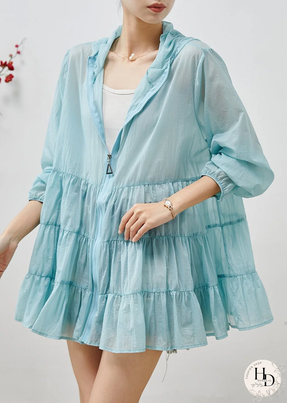 Organic Sky Blue Hooded Patchwork Spandex Coats Summer