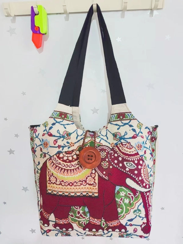 Women’s Large Canvas Elephant Ethnic Style Square Zipper Shoulder Bag