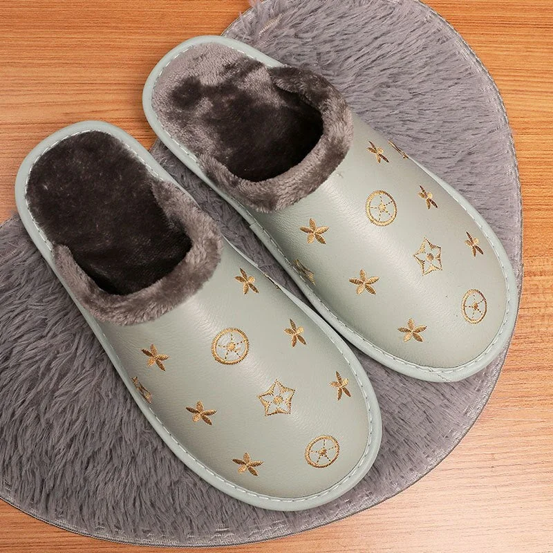 Hot Waterproof Leather Slippers Men Winter Warm Home Cotton Shoes Women Brand Luxury Indoor Fur Slippers Couple Shoes