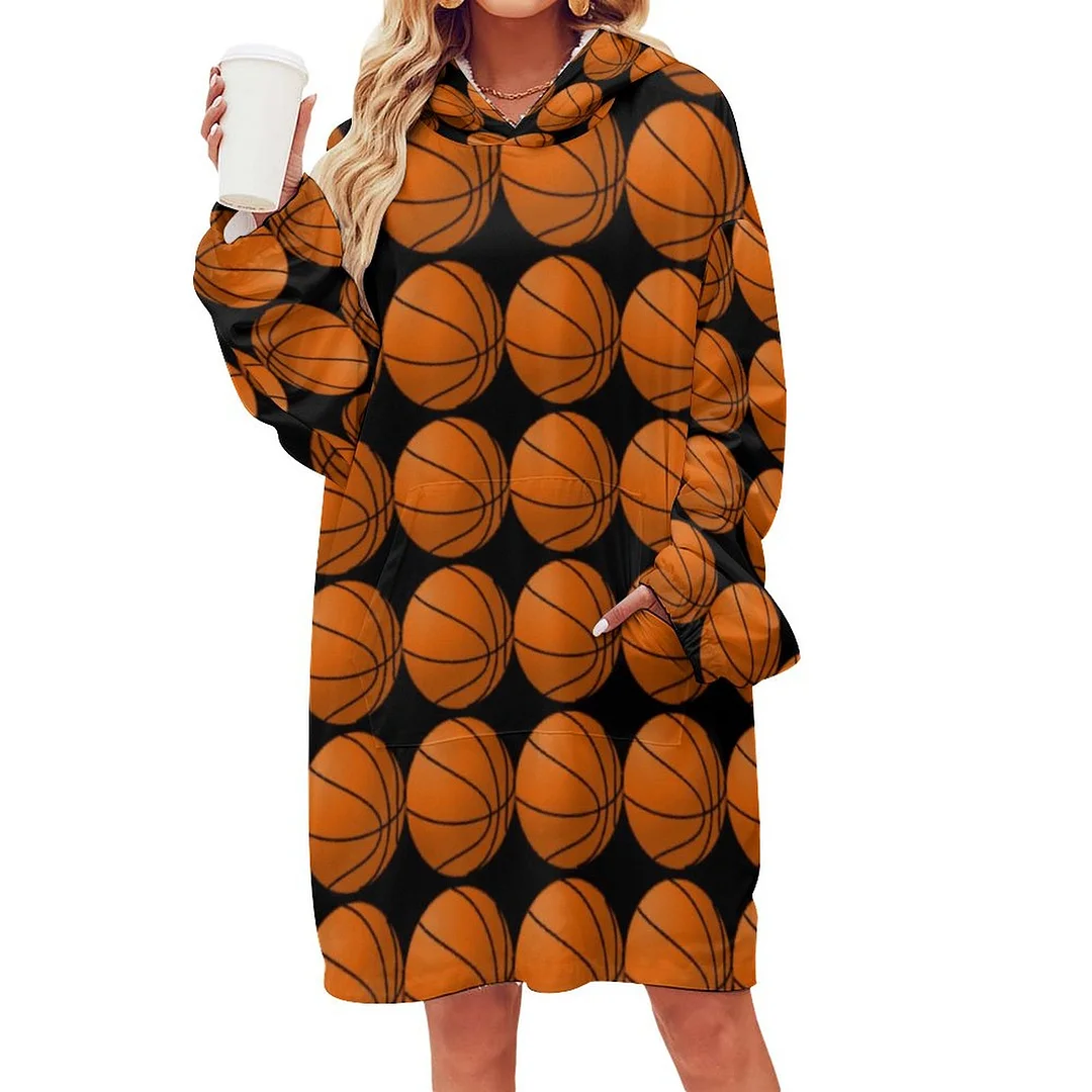 Black And Orange Basketball Oversized Sherpa Fleece Sweatshirt Blanket Hoodie Warm Cozy Wearable Tops with Pocket