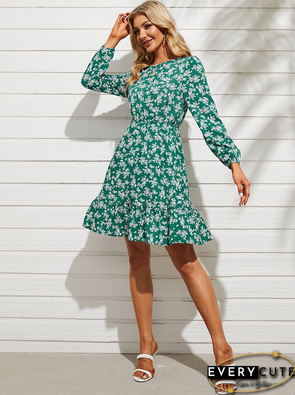 Floral Print Long Sleeve Elastic Waist Crew Neck Dress