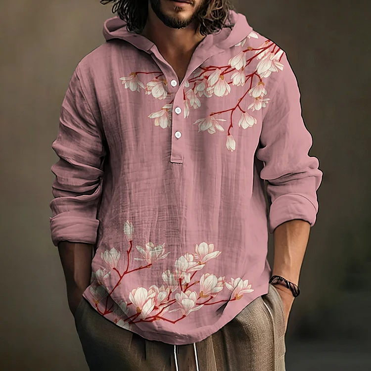 Japanese Art Floral Printed Linen Blend Hoodie