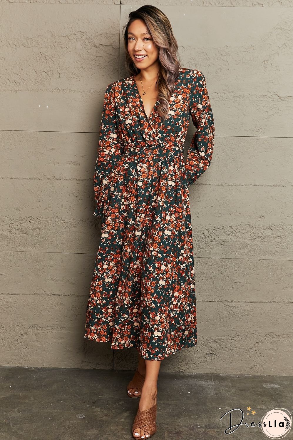Printed Surplice Neck Long Sleeve Dress