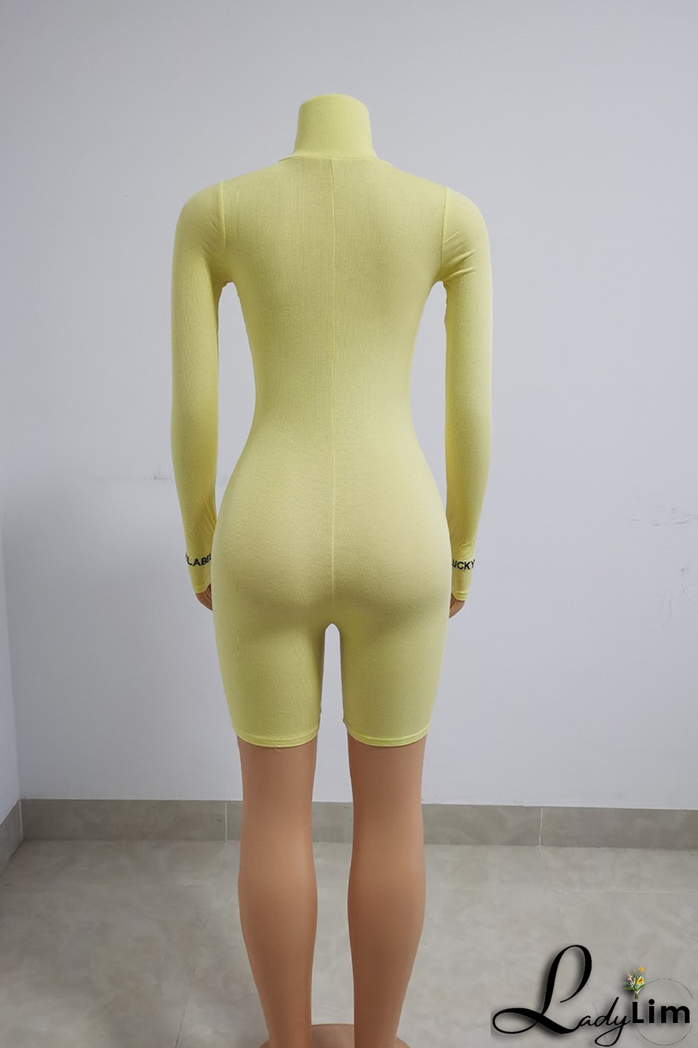 Yellow Fashion Print Letter Zipper Collar Skinny Jumpsuits