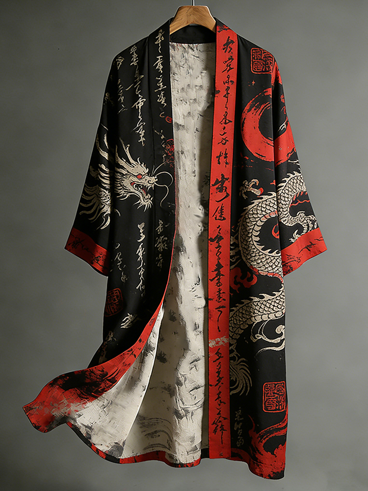 Vintage Japanese Art Dragon Totem Red And Black Color Flowing Kimono  artssus