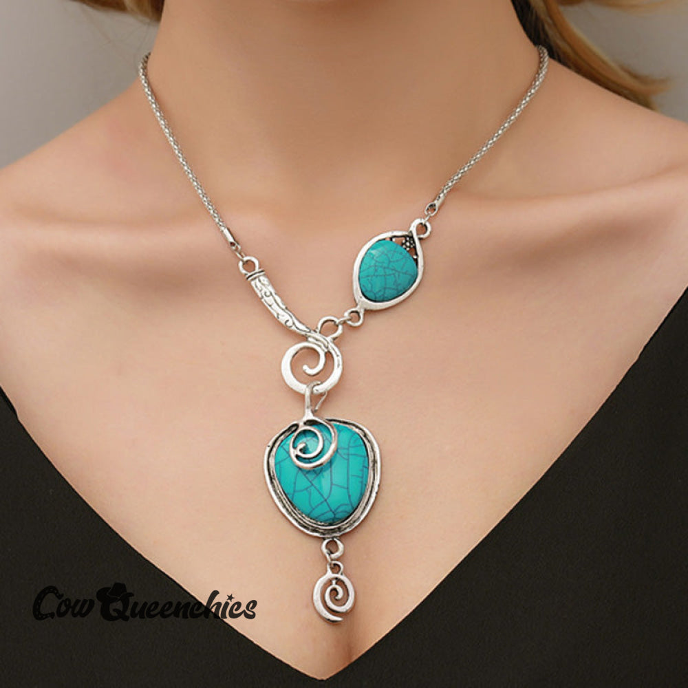 Peacock Blue Retro Folk Style Necklace Silver / One-Size
