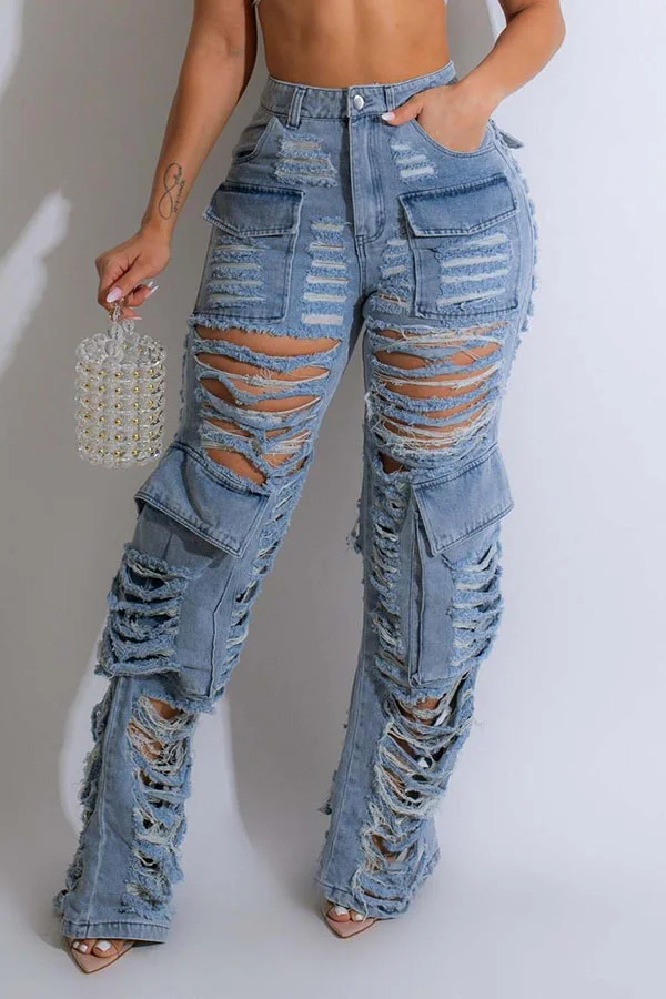 Ripped Hyperbolic Multi Pocket Straight Cut Jeans