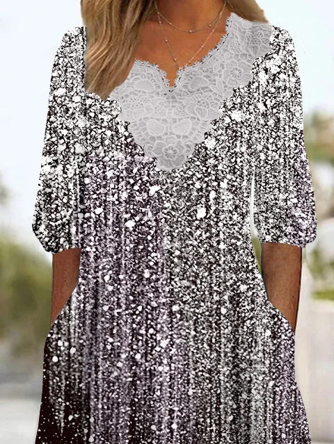 Women's 3/4 Sleeve V-neck Gradient Printed Lace Stitching Midi Dress