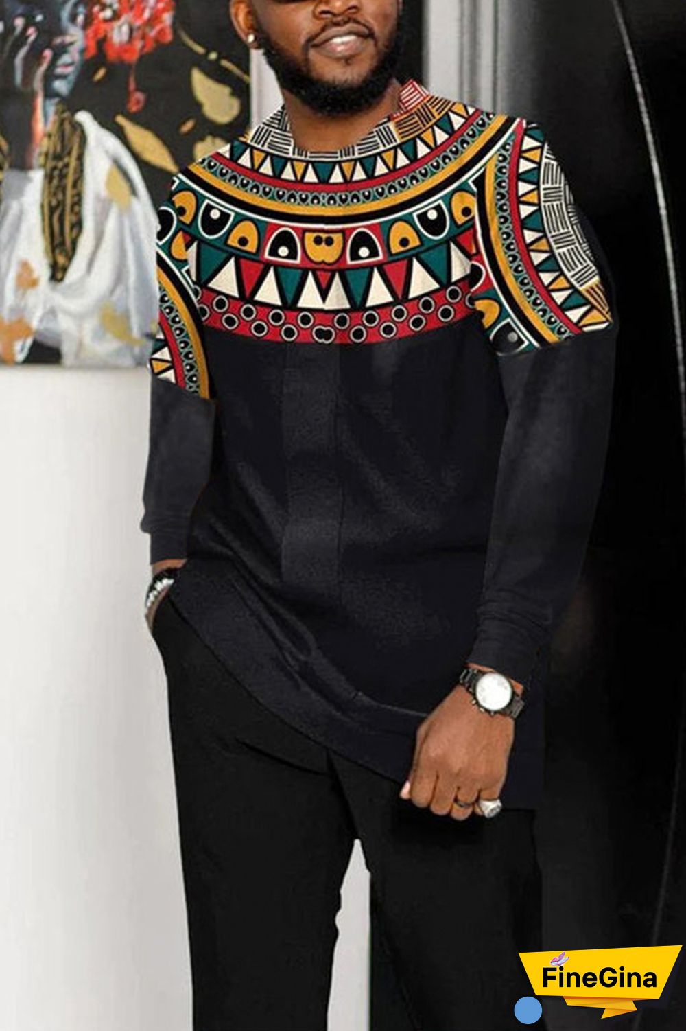 Black Men's Casual Color Blocking Long Sleeve Walking Suit-028