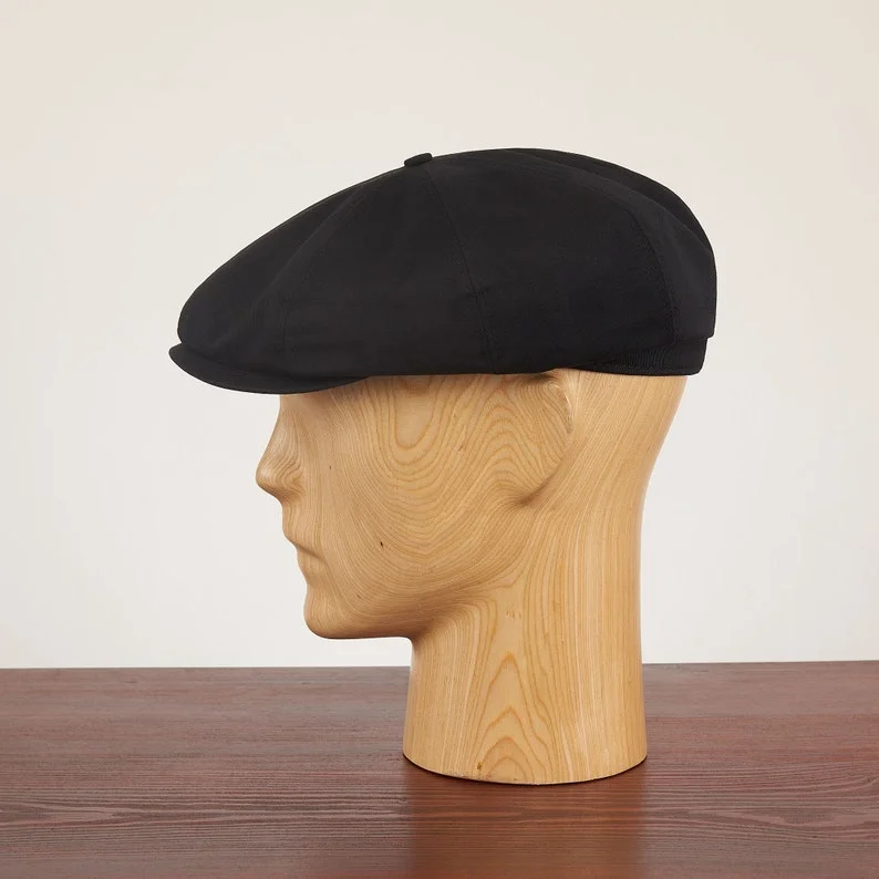 SHELBY Cotton 8 Panels Newsboy Apple PEAKED  Cap Bandit Hooligan Ivy Large Crown Hat Vintage Gangster Summer Spring Light Airy BLACK