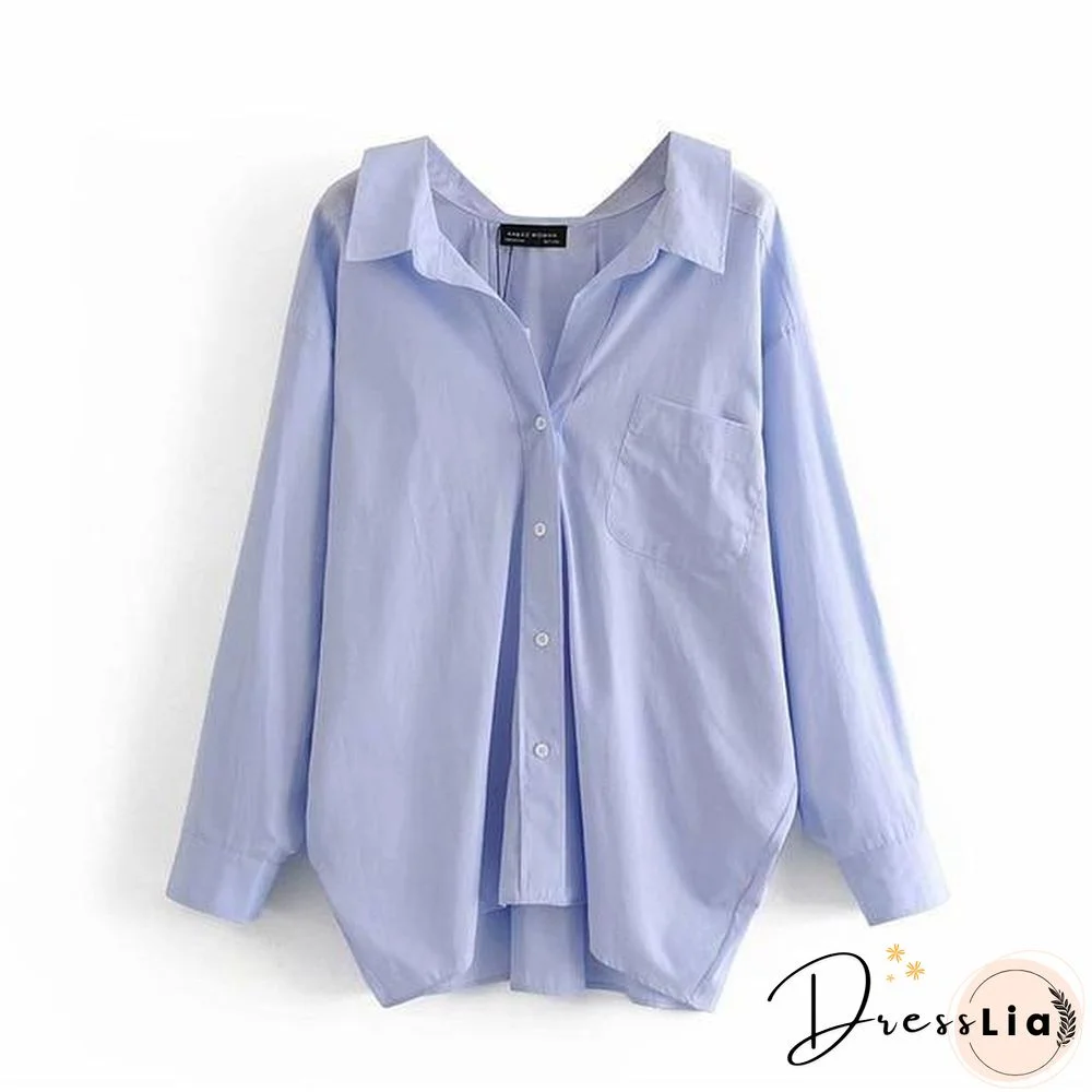 Evfer Women Casual Za Blue Loose Poplin Shirts Oversize Tops Ladies Fashion Long Sleeve Single Breasted Turn-down Collar Blouse