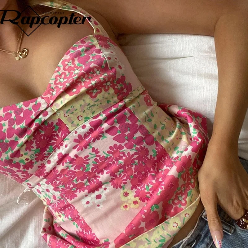 Rapcopter Floral Halter Top Pink Aesthetic Camis Backless Beach Corset Top Women Summer Sweats 2021 New Mini Vest Streetwear 90s
