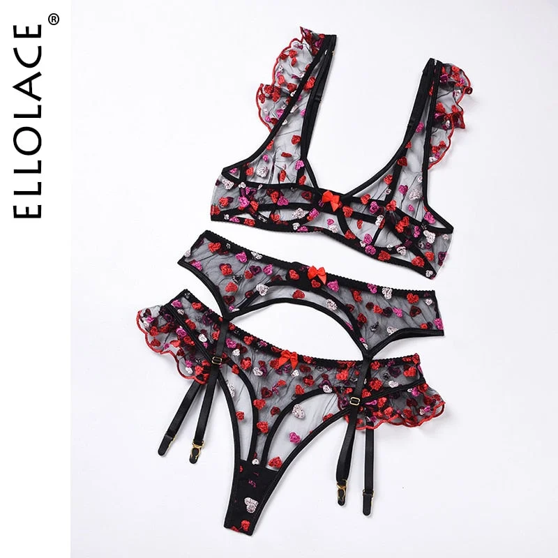 Ellolace Ruffled Sexy Lingerie Set Heart Shaped Embroidery Underwear Set Bra With Bones 2864