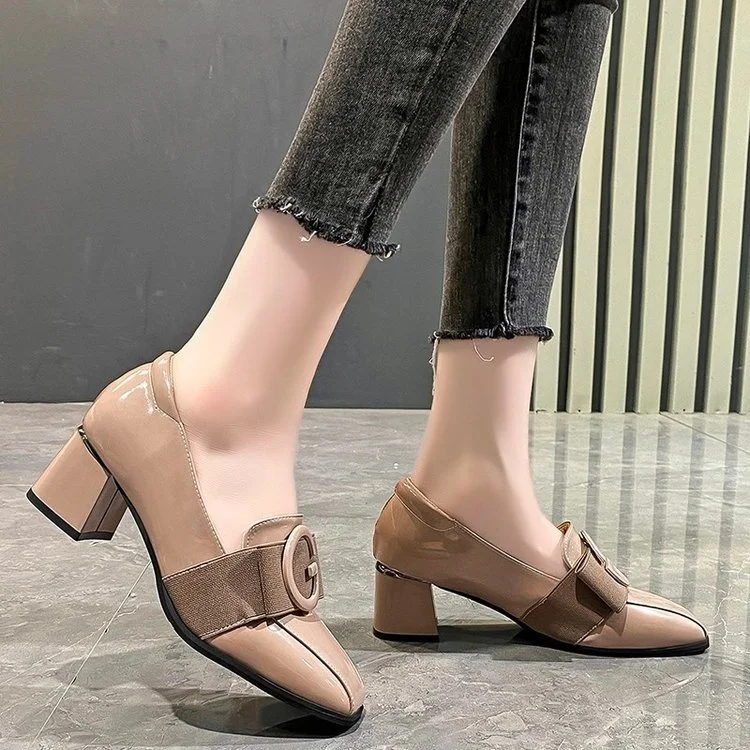 Wongn Wongn Women's Shoes Fashion Spell Color Square Head Patent Leather Small Leather Shoes Thick Heel Single Shoe Middle Heel Women's Shoes Work Shoes