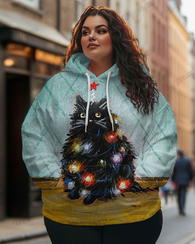 Women's Plus Fashion Colorful Lanterns Cat Print Long Sleeve Hoodie