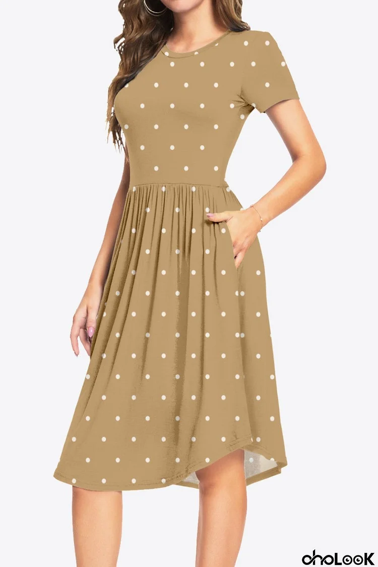 Printed Round Neck Short Sleeve Dress with Pockets