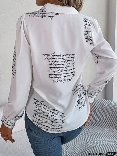 Letter Printed Button Up Long Sleeve Blouse