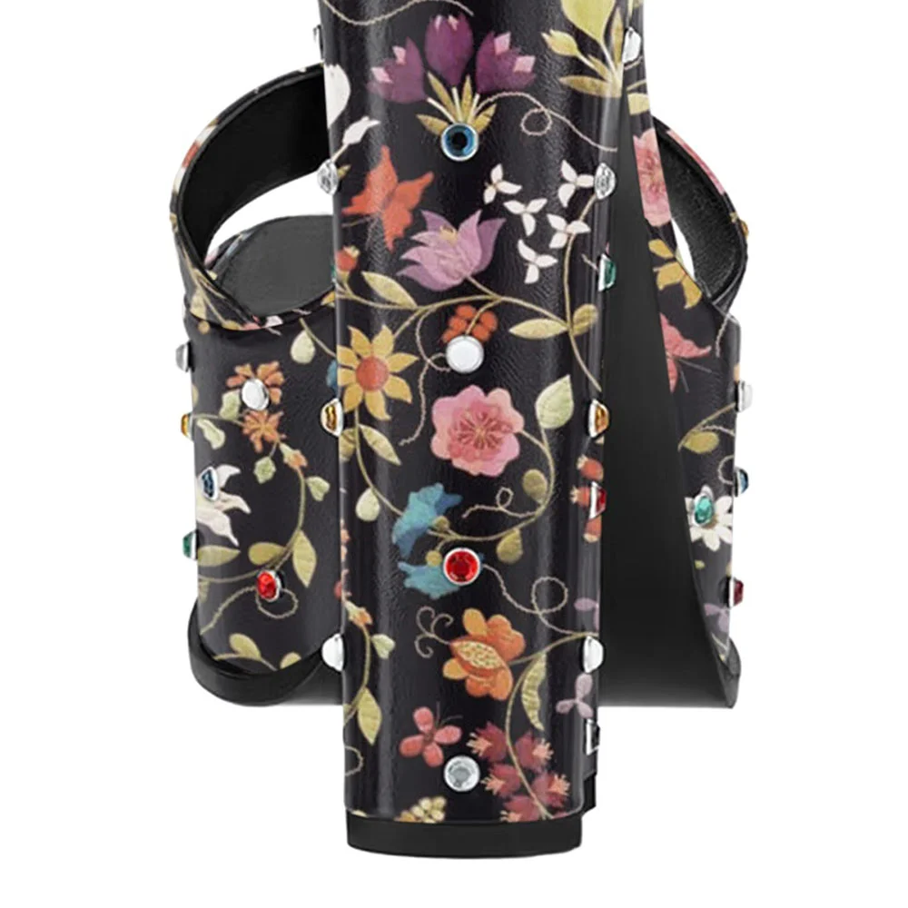 Multicolor Open-Toe Flower Print Rhinestone Platform Sandals