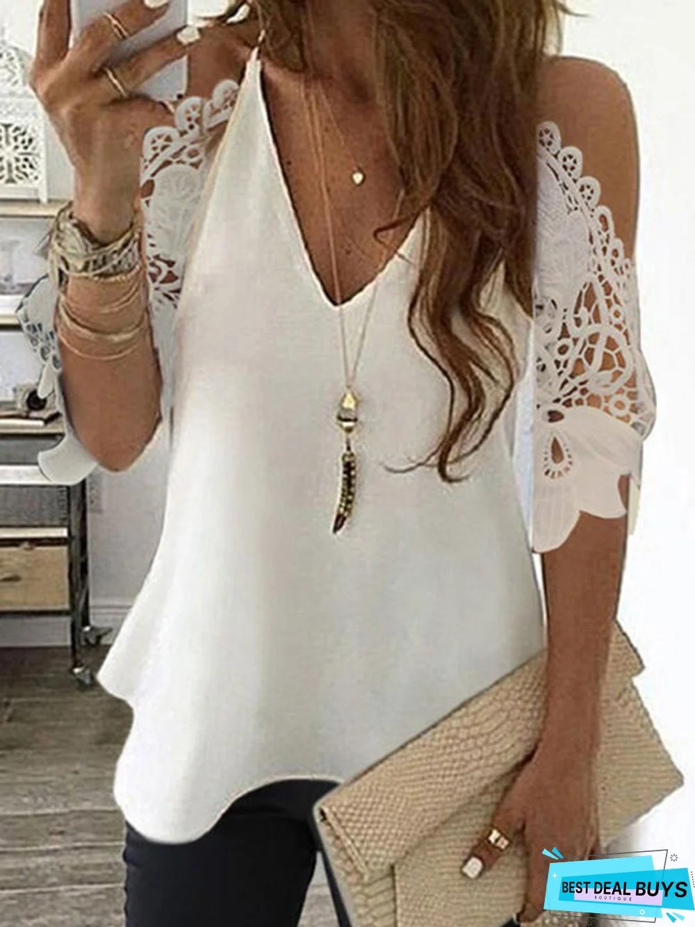 Vintage Lace Half Sleeve Plain V Neck Casual Tunic Top