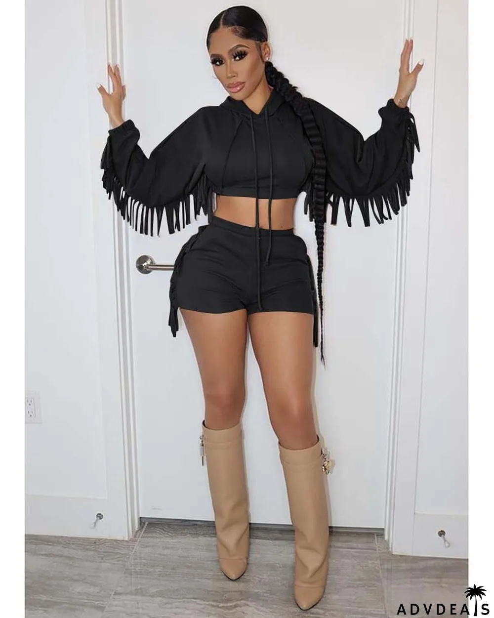 Pure Color Tassels Hooded Shorts Two-piece Suit