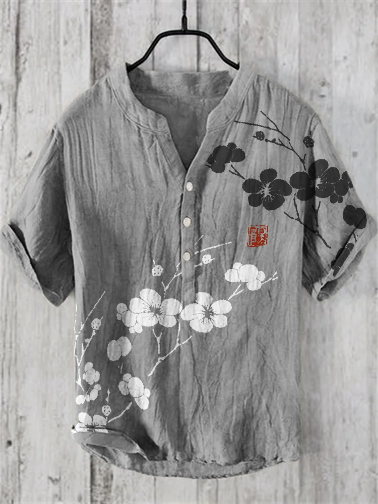 Plum Blossom Japanese Lino Art Linen Blend Shirt