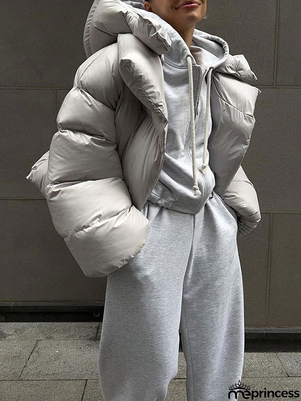 Long Sleeves Loose Solid Color Split-Joint Hooded Padded Coat