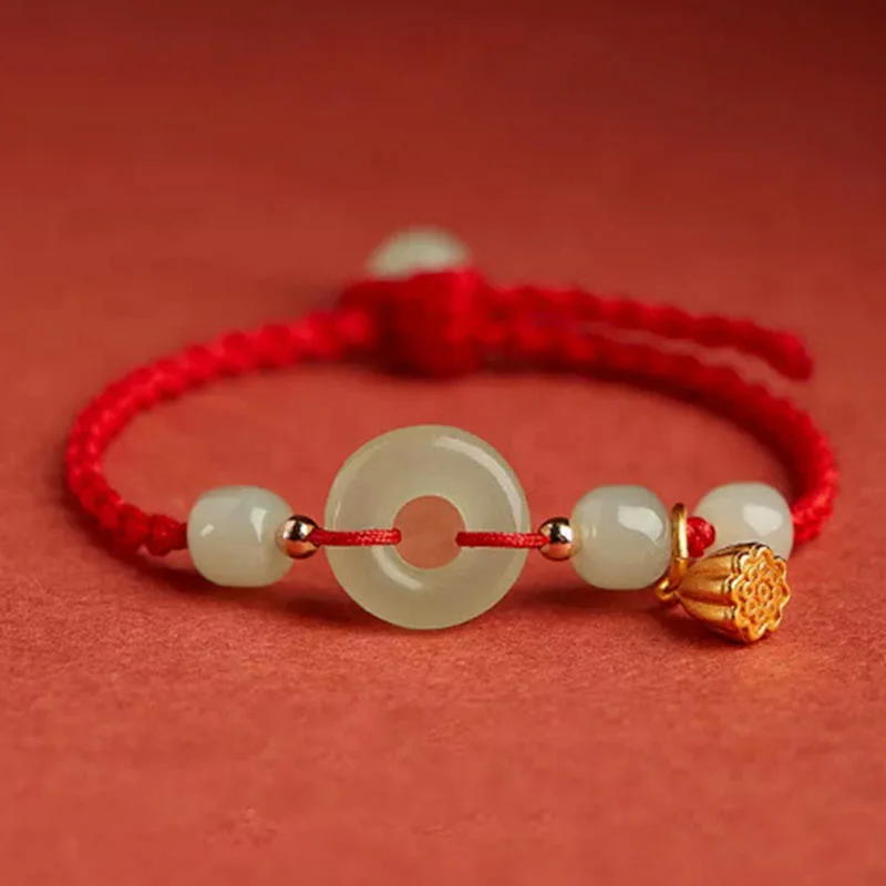Round Peace Buckle Jade Lotus Happiness Abundance Wealth String Bracelet